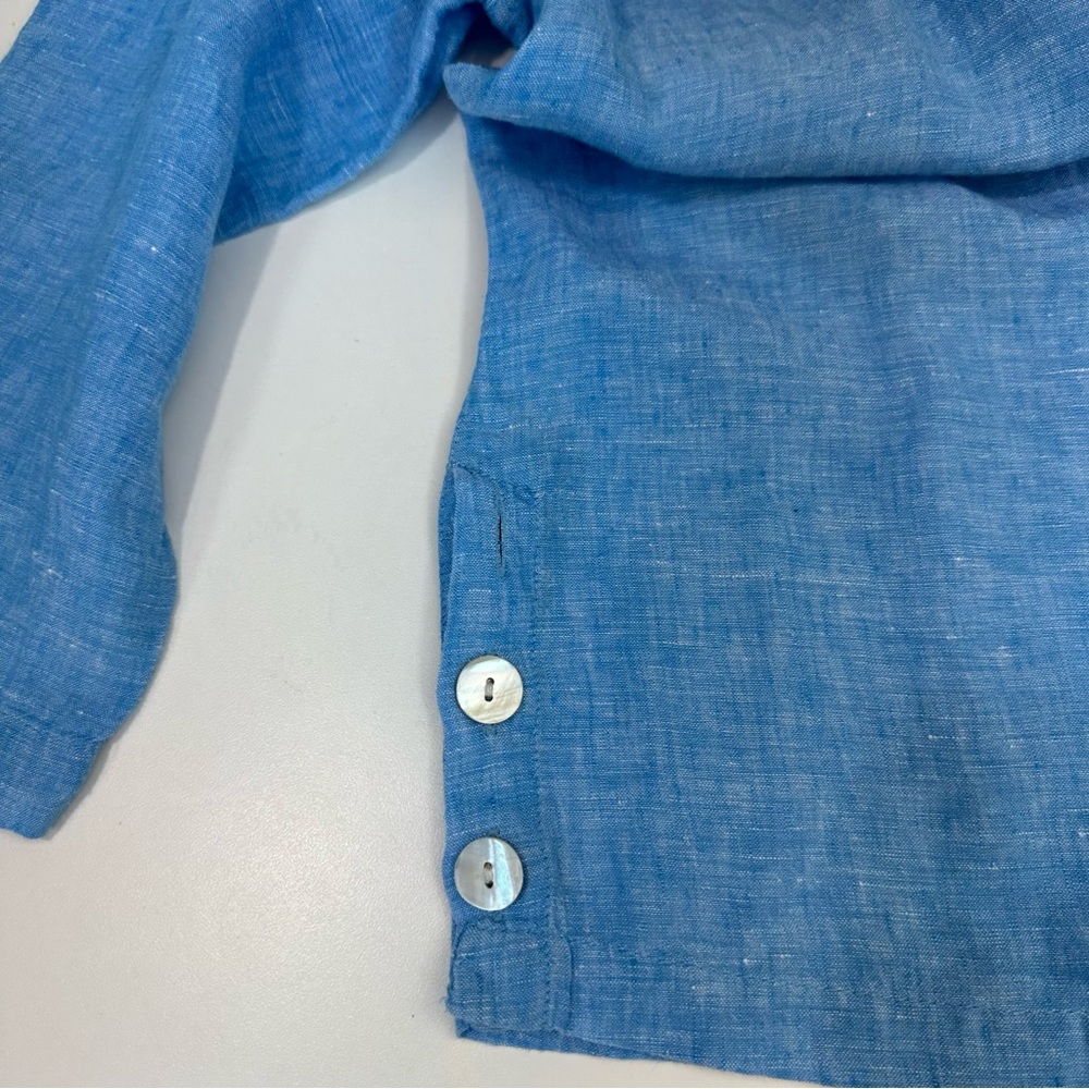 Tahari Top Blue Linen Collared V-neck 3/4 Sleeve Coastal Beachy Lightweight Sz L - Picture 7 of 12